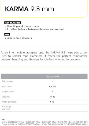 Beal Karma BC098K.60 Dynamic Climbing Rope with Length 60m Orange