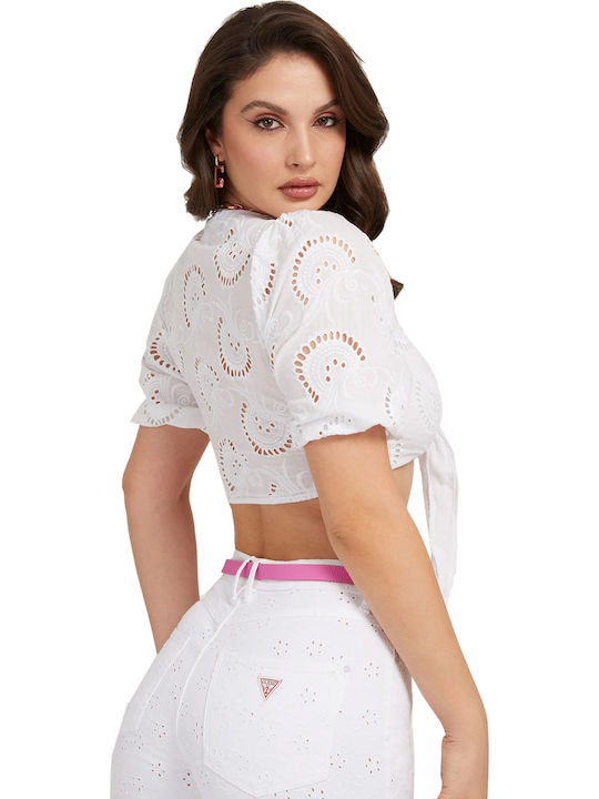 Women's Summer Crop Top Cotton with 3/4 Sleeve & V Neckline White