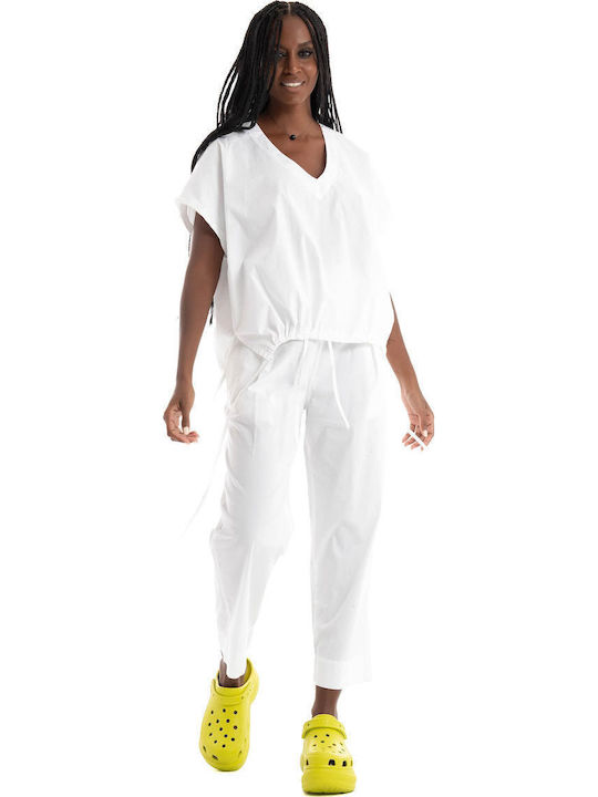Women's Blouse Cotton with V Neckline White