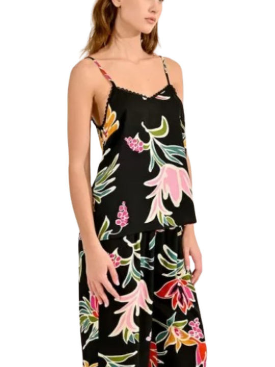 Damen Bluse Ärmellos mit V-Ausschnitt Blumen Schwarz