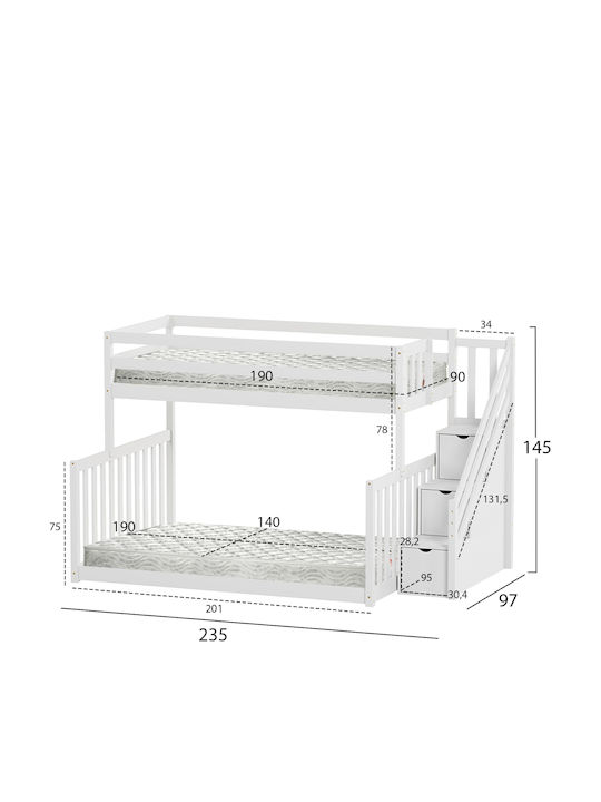 Beamer Kinderbett Koje Semi-Doppel Weiß für Matratze 140x190cm