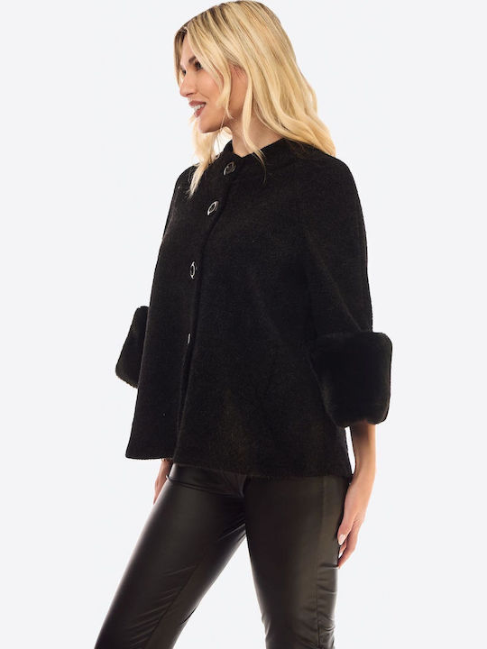 Women's Black Coat with Fur Details