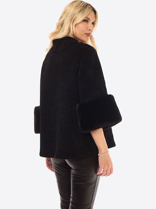 Women's Black Coat with Fur Details