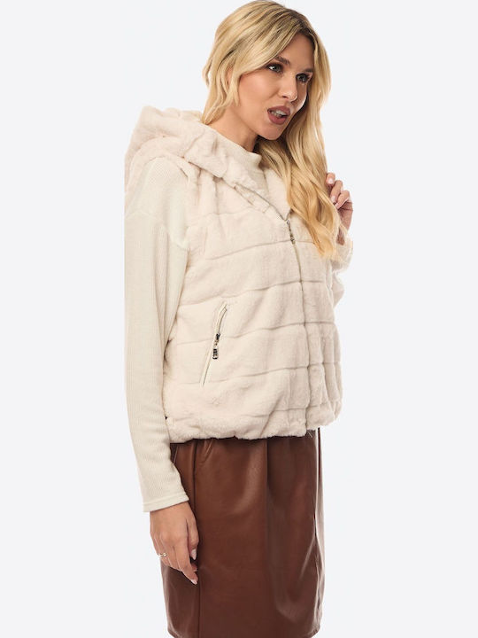 Women's Sleeveless Short Fur Ecru