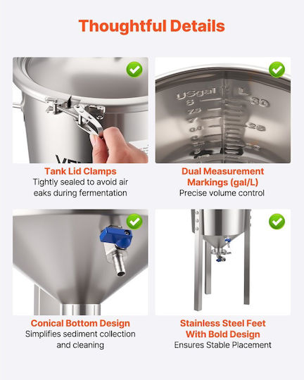 Conical Fermenter Vevor Stainless Steel Fermentation Tank Home Brewing 8 Gallons 30 Liters Brewing Bucket Conical Bottom 3 Adjustable Legs Cap Handle Thermometer Wine Beer Fermentation