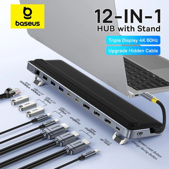 Baseus EliteJoy EH3 USB-C Docking Station με HDMI/DisplayPort 4K PD Ethernet και σύνδεση 2 Οθονών Γκρι