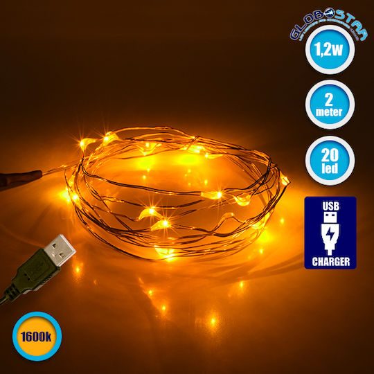 20 Λαμπάκια LED 2μ. Θερμό Λευκό USB σε Σειρά