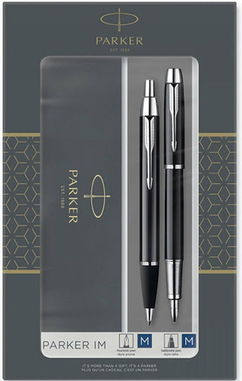Parker IM Duo Pen Set Ballpoint Medium with Fountain Pen Medium made of Steel Laque Black CT in a case