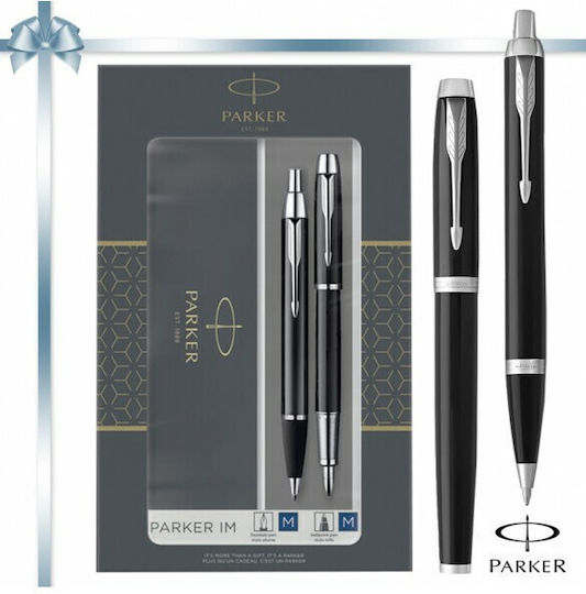 Parker IM Duo Pen Set Ballpoint Medium with Fountain Pen Medium made of Steel Laque Black CT in a case