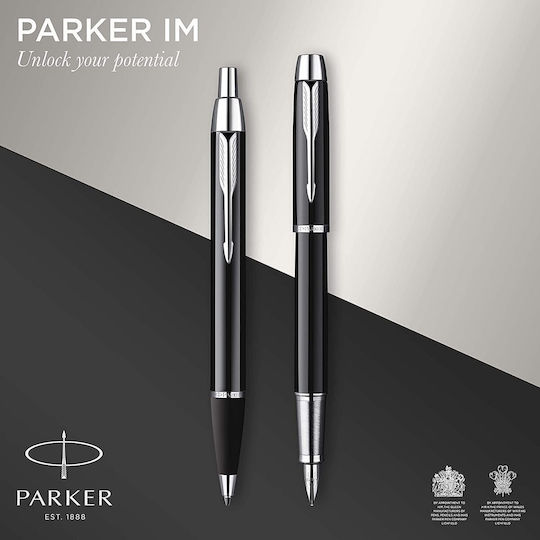 Parker IM Duo Pen Set Ballpoint Medium with Fountain Pen Medium made of Steel Laque Black CT in a case