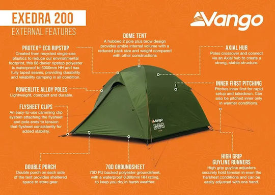 Vango 200 Σκηνή Camping Igloo Πράσινη 4 Εποχών για 2 Άτομα