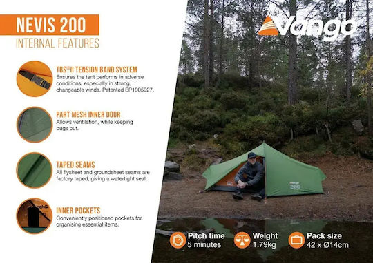 Vango Nevis 200 Camping Tent Tunnel Green 4 Seasons for 2 People