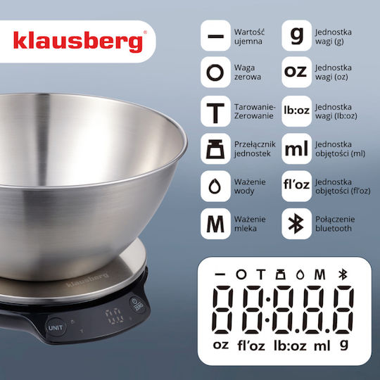 Klausberg Ψηφιακή Ζυγαριά Κουζίνας με Κάδο έως 5kg Inox