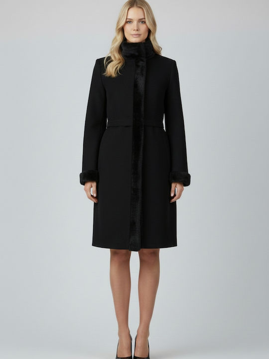 Women's Black Coat with Fur Details