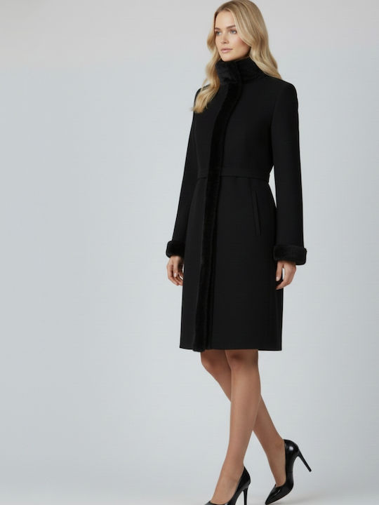 Women's Black Coat with Fur Details
