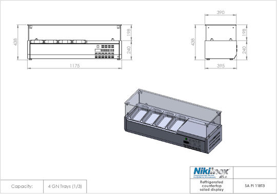 Niki Inox Kühlvitrine Tischgerät mit Kapazität 4x1/3 GN 122x40x45cm