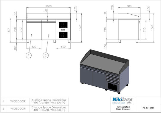 Niki Inox Edelstahl Kühltisch 410Es mit 2 Türen und Kühlaggregat -1/+8°C L157xB80xH110cm