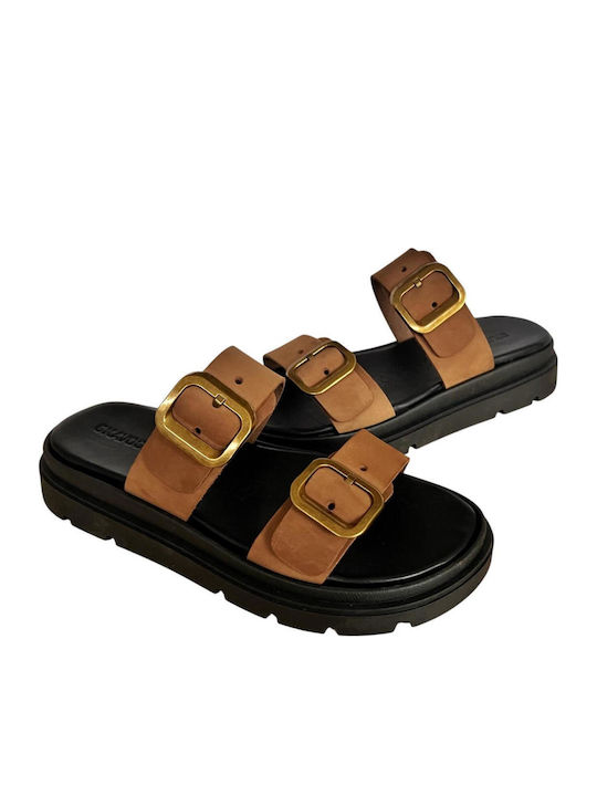 Leather Women's Flat Sandals Flatforms in Tabac Brown Color