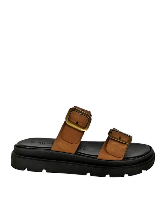 Leather Women's Flat Sandals Flatforms in Tabac Brown Color