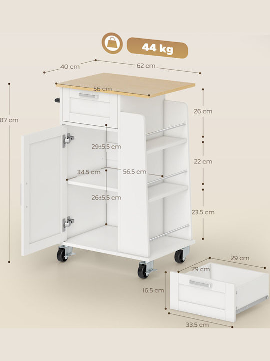 HomCom Τρόλεϊ Κουζίνας Ξύλινο 3 Θέσεων Λευκό 62x40x87cm