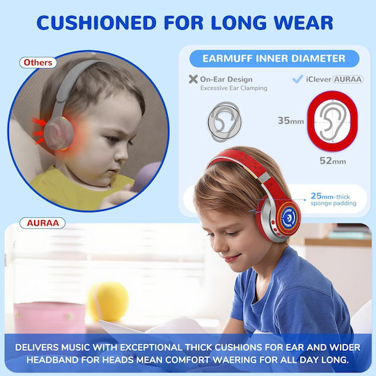 iClever Auraa Fără fir Bluetooth Pentru copii Over Ear Căști cu 47 ore de Funcționare Roșii