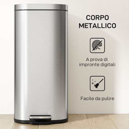 HomCom Metallic Waste Bin with Pedal 30L Silver