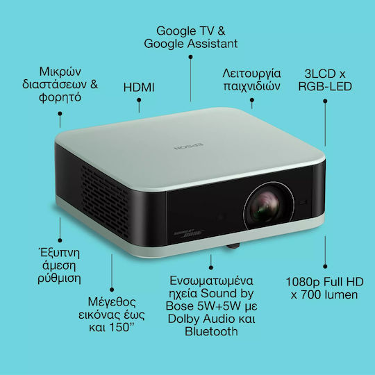 Epson Lifestudio Pop EF-61G Mini Projector 3LCD Λάμπας LED με Ενσωματωμένα Ηχεία V11HB72340