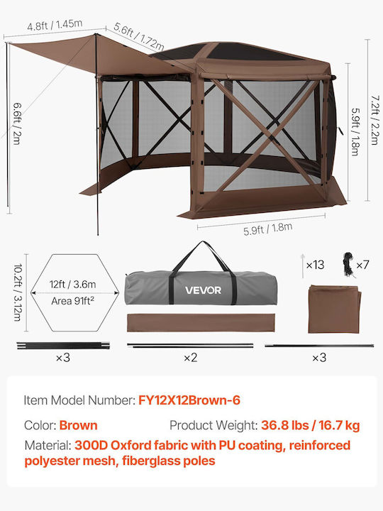 Vevor Foldable Garden Gazebo with LEDs Brown 3.6x3.6m