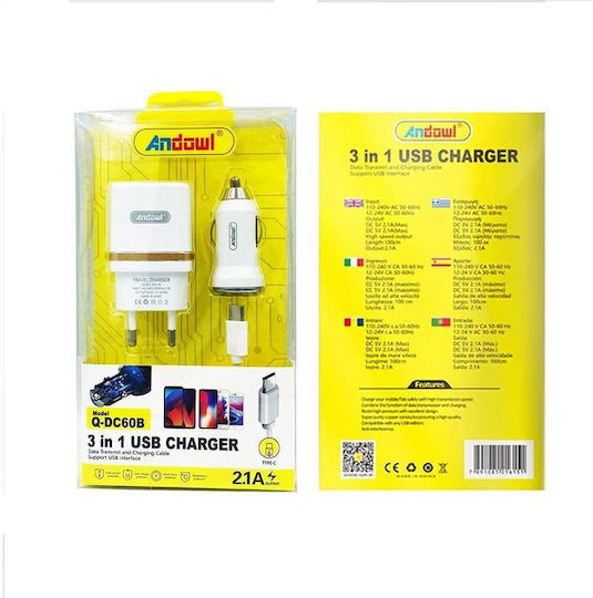 Andowl Q-DC60B Autoladegerät mit Einer Buchse 1xUSB Weißes Farbe