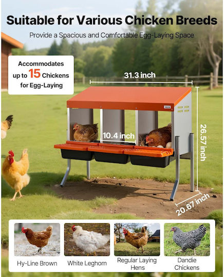 Vevor Nesting Boxes Chickens 3 Compartments Support Legs Easy Egg Collection Galvanized Steel High Strength Plastic Rolled Nesting Boxes Chickens Hens Laying Eggs Orange