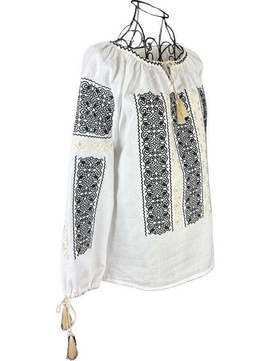 Bluza Damă Bumbac Mânecă Lungă Alb/Auriu