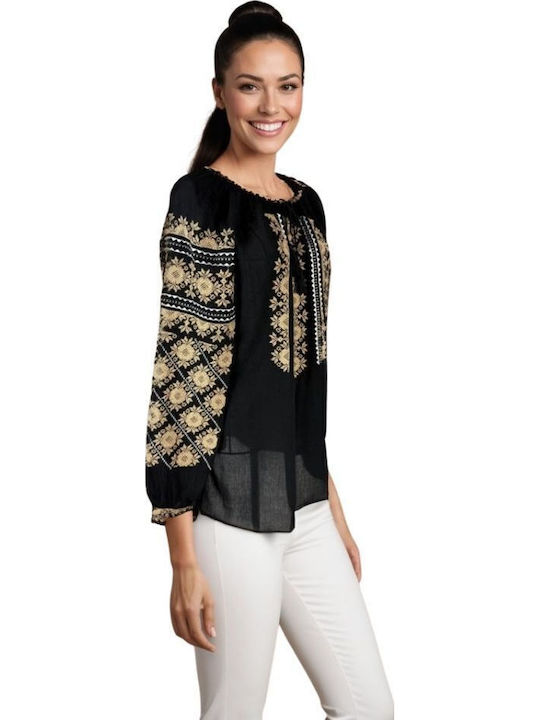 Bluza Damă Bumbac Mânecă Lungă Neagră/Bej