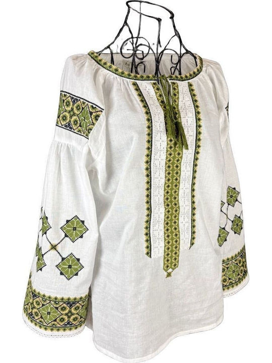 Bluza Damă Bumbac Mânecă Lungă Albă, Olive