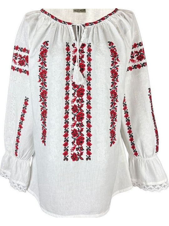 Bluza Damă Din Bumbac Cu Mânecă 3/4 Alb Optic Roșu Cireș