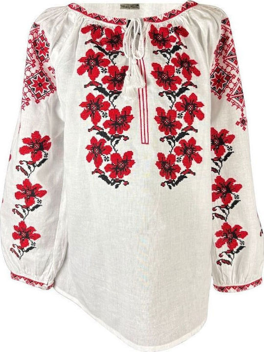 Bluza Damă Din Bumbac Cu Mânecă 3/4 Alb/Roșu