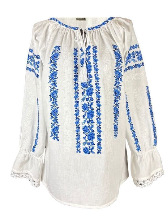 Bluza Damă Din Bumbac Cu Mânecă 3/4 Albă, Albastră