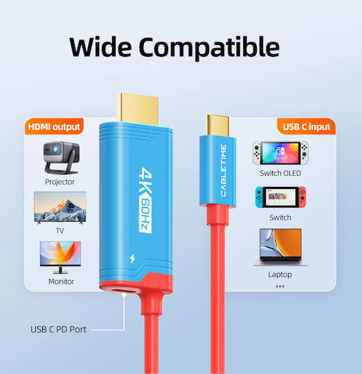 Cabletime Cable HDMI male - USB-C female 2m 29τμχ Κόκκινο