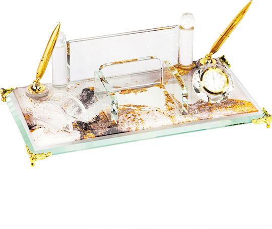 Crystal Desk Set Marble Design & Gold Details Pen Holder Note Holder Card Holder & Clock Code Km-55