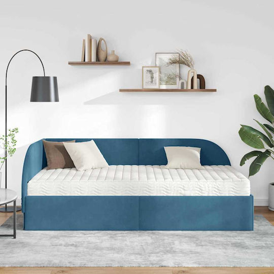 Pat Single Tapitat Cu Catifea Albastră Cu Spațiu De Stocare Plăci Și Saltea 80x200cm