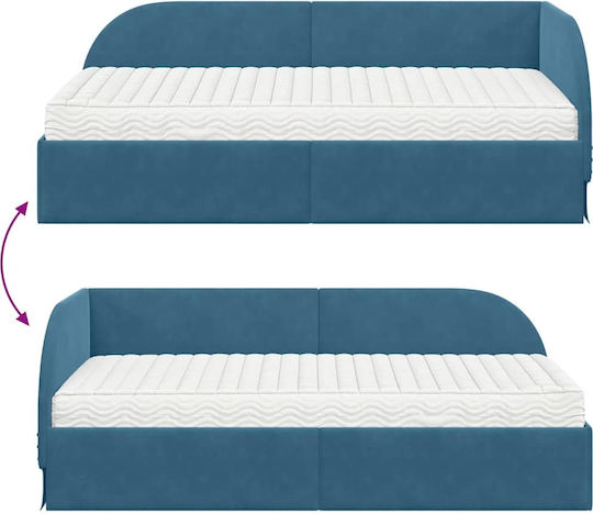 Pat Single Tapitat Cu Catifea Albastră Cu Spațiu De Stocare Plăci Și Saltea 80x200cm