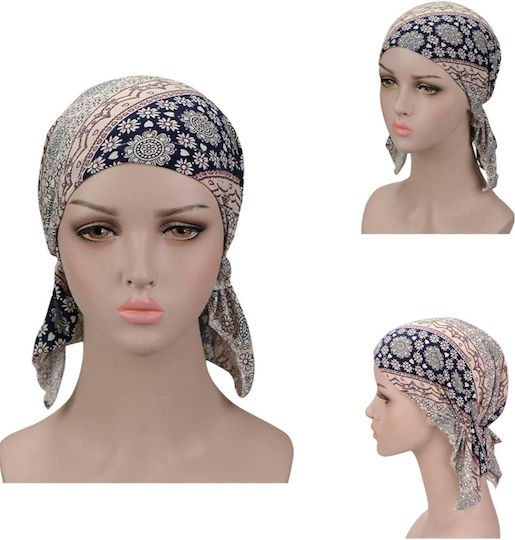 Turban Din Bumbac Lycra Ecru Albastru Cu Flori