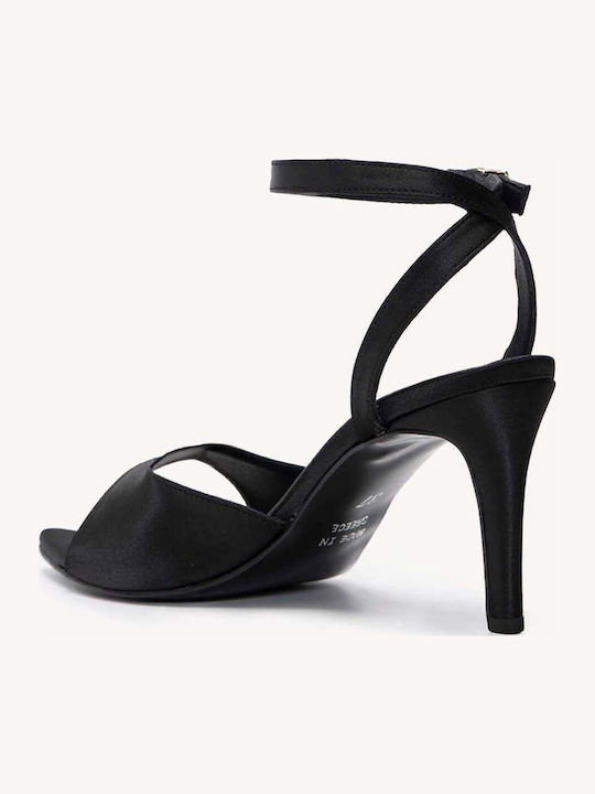 Sandale Elegante Damă Negru Satin Toc Jos Curele Încrucișate