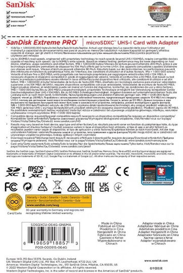 Sandisk Extreme Pro microSDXC 64GB U3 V30 A2 UHS-I 200MB/s с адаптер