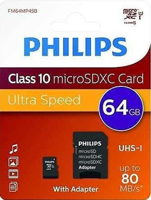 Philips Microsdxc 64gb Class 10 U1 Uhsi microSDXC 64GB U1 UHS-I με αντάπτορα