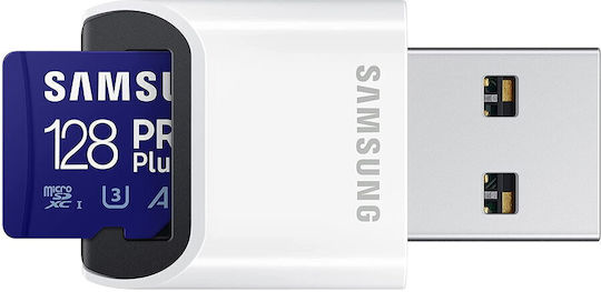 Samsung Pro Plus (2021) microSDXC 128GB Klasse 10 U3 V30 A2 UHS-I mit USB-Lesegerät