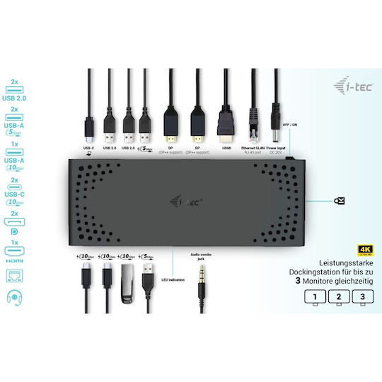 i-tec USB-C Docking Station με HDMI/DisplayPort 4K PD Ethernet και σύνδεση 3 Οθονών Μαύρο (C31TRIPLE4KDOCKPD)