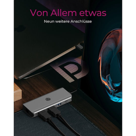 Icy Box IB-DK4012-CPD USB-C Docking Station mit HDMI 4K PD Ethernet und Verbindung 2 Monitore Gray