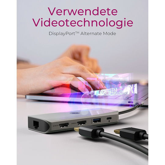 Icy Box IB-DK4012-CPD USB-C Docking Station mit HDMI 4K PD Ethernet und Verbindung 2 Monitore Gray