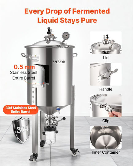Conical Fermenter Vevor Stainless Steel Fermentation Tank Home Brewing 16 Gallons 60 Liters Brewing Bucket Fermenter Conical Bottom 3 Wheels Cap Handle Thermometer Wine Beer Fermentation