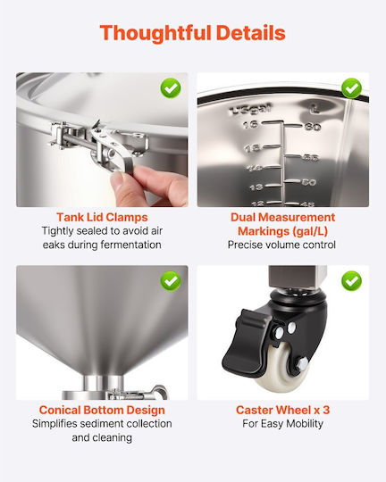Conical Fermenter Vevor Stainless Steel Fermentation Tank Home Brewing 16 Gallons 60 Liters Brewing Bucket Fermenter Conical Bottom 3 Wheels Cap Handle Thermometer Wine Beer Fermentation